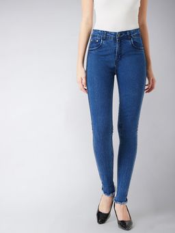 Miss Chase - Women's Navy Blue Relaxed Mid Rise Clean Look Regular Length Denim Jeans Pant