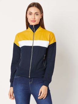 Miss Chase - Women's Multicolored-Base-Navy Blue Turtle-neck Color-Block Jacket