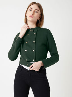 Miss Chase - Women's Green Round Neck Full Sleeves Cotton Paneled Cropped Jacket