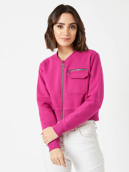 Miss Chase - Women's Pink Stand Collar Full Sleeves Cotton Boxy/Crop Jacket