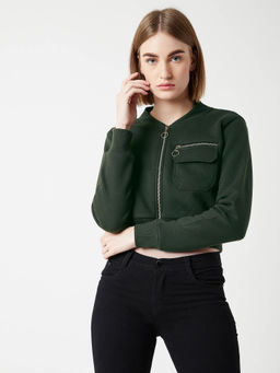 Miss Chase - Women's Green Stand Collar Full Sleeves Cotton Boxy/Crop Jacket