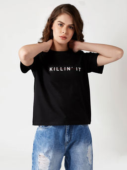 Miss Chase - Women's Black Round Neck Short Sleeve Cropped Printed T-Shirt