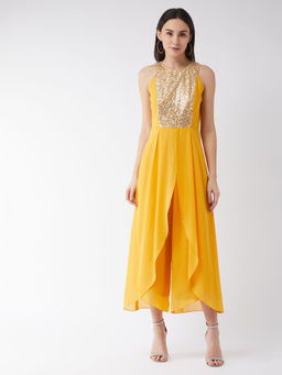 Miss Chase - Women's Mustard Halter Neck Sleeveless All That Glitter Party Jumpsuit