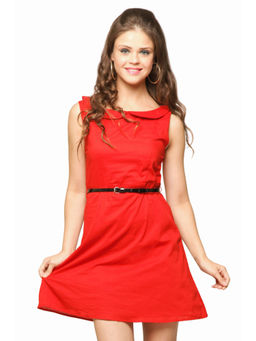 Miss Chase - Women Red Collared Round Neck Sleeveless Cut Out Skater Dress