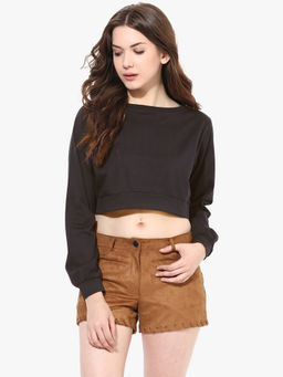 Miss Chase - Women's Black Round Neck Full Sleeves Oversized Boxy Crop Top