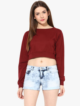 Miss Chase - Women's Maroon Round Neck Full Sleeves Solid Crop Top