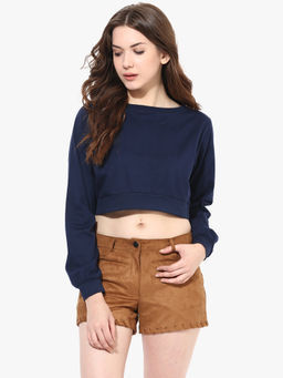 Miss Chase - Women's Navy Blue Round Neck Full Sleeves Solid Crop Top