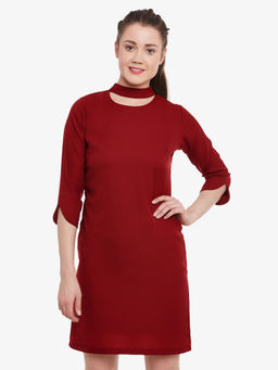 Miss Chase - Women's Maroon Round Neck 3/4 Sleeve Solid Mini Choker Dress