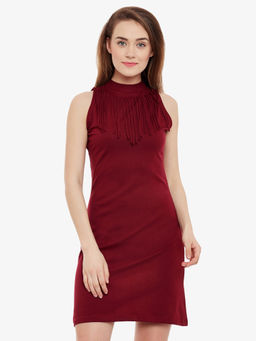 Miss Chase - Women's Maroon Round Neck Sleeveless Solid Mini Bodycon Party Dress