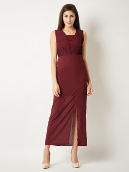 Miss Chase - Women's Wine Red Square Neck Sleeveless Solid Pleated Lace Maxi Dress