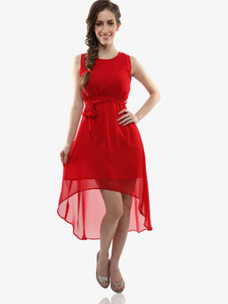 Miss Chase - Women Red Round Neck Sleeveless Solid High-Low Dress
