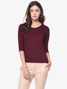 Miss Chase - Women's Maroon Round Neck 3/4 Sleeves Casual Basic Top