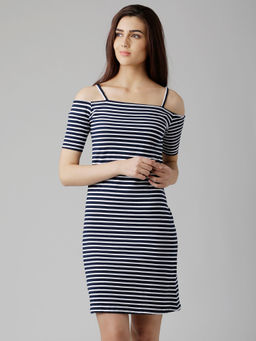 Miss Chase - Women Navy Blue And White Sleeveless Striped Bardot Knee-Long Off Shoulder Dress
