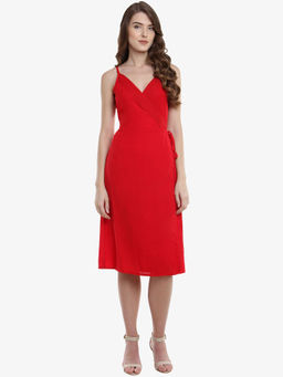 Miss Chase - Women Red V-Neck Sleeveless Knee-Length Spaghetti Strap Wrap Dress