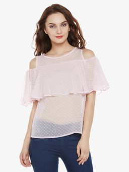 Miss Chase - Women's Pink Round Neck Sleeveless Solid Ruffled Cold Shoulder Top