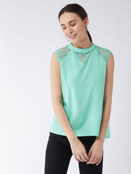 Miss Chase - Women Sea Green Round Neck Sleeveless Basic Lace Top