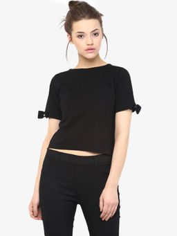 Miss Chase - Women's Black Round Neck Half Sleeves Solid Basic Crop Top