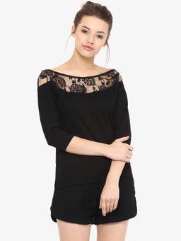 Miss Chase - Women's Black Boat Neck 3/4 Sleeves Solid Laced Top