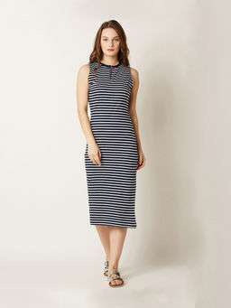 Miss Chase - Women's Navy Blue and White Round Neck Sleeveless Striped Bodycon Dress