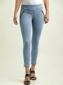 Miss Chase - Women's Light Blue Skinny Fit High Rise Zip Denim Stretchable Jeggings