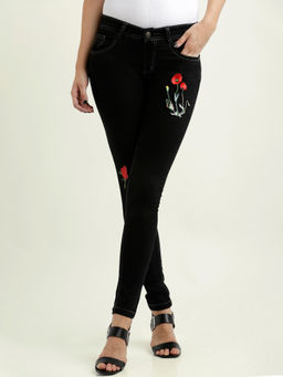 Miss Chase - Women's Black Slim Fit High Rise Regular Length Applique Detailing Denim Jeans