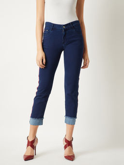 Miss Chase - Women's Blue Slim Fit Mid Rise Ankle Length Side Twill Tape Detailing Denim Jeans