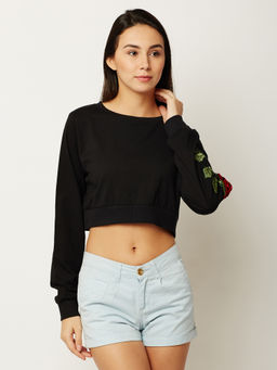 Miss Chase - Women's Black Full Sleeve Cotton Embroidered Floral Patchwork Crop Top