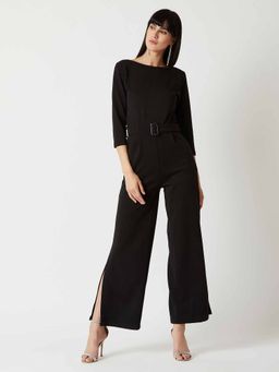 Miss Chase - Women's Black Round Neck 3/4 Sleeves Wide Leg Side Slit Maxi Jumpsuit