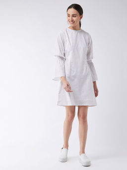 Miss Chase - Women's Base White Round Neck Full Sleeve Polka Dots Geometric Print Dress