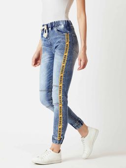 Miss Chase - Women's Blue Relaxed Mid Rise Twill Tape Denim Stretchable Jogger Pants