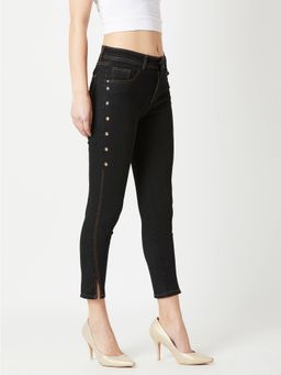 Miss Chase - Women's Black Skinny High Rise Side Slit Cropped Stretchable Denim Jeans