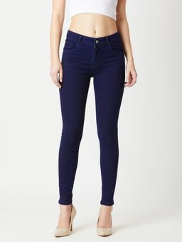 Miss Chase - Women's Navy Blue Printed Fabric Detailing Skinny Fit Mid Rise Denim Jeans