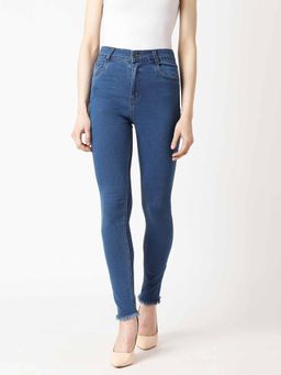 Miss Chase - Women's Blue Skinny High Rise Fringe And Side Zipper Cropped Denim Jeans