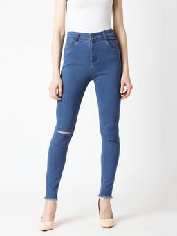 Miss Chase - Women's Blue Skinny High Rise Single Slit And Fringe Cropped Denim Jeans