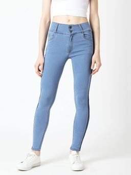 Miss Chase - Women's Blue Skinny High Rise Broad Waist Denim Tape Cropped Denim Jeans