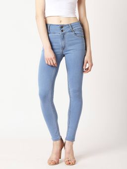 Miss Chase - Women's Blue Skinny High Rise Broad Waist Band Zipper Denim Jeans