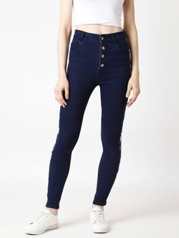 Miss Chase - Women's Navy Blue Skinny High Rise Printed Denim Jeans