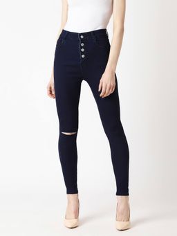 Miss Chase - Women's Navy Blue Skinny High Rise Knee Slit Regular Length Denim Jeans