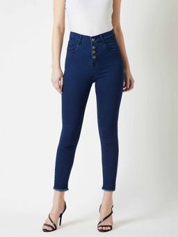 Miss Chase - Women's Navy Blue Skinny High Rise Cropped Stretchable Denim Jeans