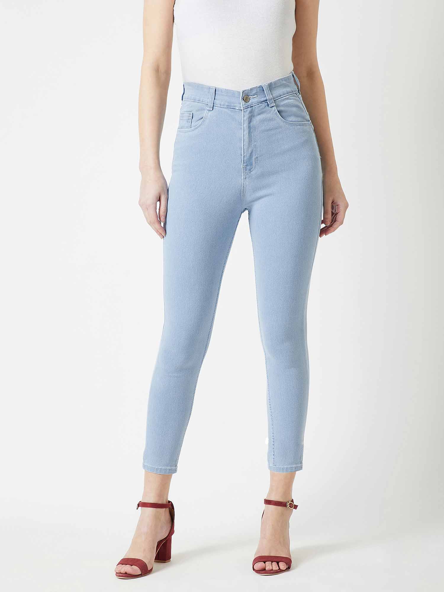 Women's Light Blue Skinny Fringed Hemline High Rise Cropped Denim Jeans-image-7
