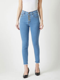Miss Chase - Women's Blue Skinny High Rise Cropped Fringed Hemline Denim Jeans