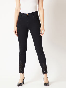 Miss Chase - Women's Black Slim Fit Mid Rise Cropped Embellished Denim Jeans