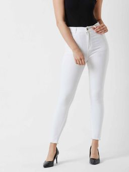 Miss Chase - Women's White Skinny Fit High Rise Cropped Raw Edge Detailing Denim Jeans