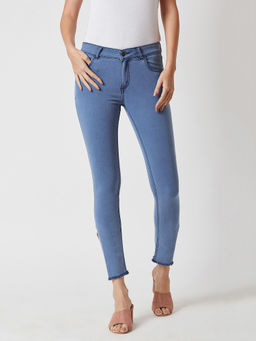 Miss Chase - Women's Light Blue Skinny Fit Mid Rise Clean Look Ankle length Side Slit Denim Jeans