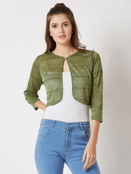 Miss Chase - Women's Olive Green Round Neck 3/4 Sleeve Pearl Detailing Cropped Shrug