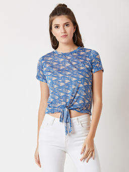 Miss Chase - Women's Blue Round Neck Short Sleeve Nautical Relaxed Fit Waist Tie-Up Top