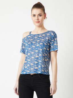 Miss Chase - Women's Blue One-Shoulder Short Sleeve Nautical Shoulder Straps Regular Top