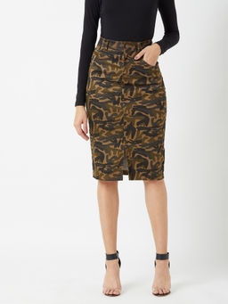 Miss Chase - Women's Multicolor- Base Olive Green Cotton Printed Bodycon Midi Skirt