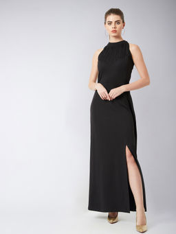 Miss Chase - Women's Black Mock Neck Sleeveless Solid Fringed Maxi Dress