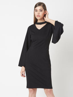 Miss Chase - Women's Black V-Neck Flared Sleeve Solid Bodycon MIni Dress